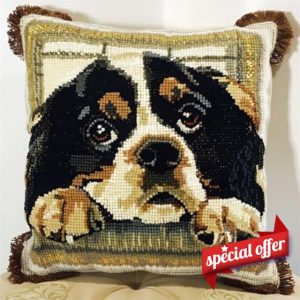 ORLUMY Cavalier King Charles Spaniel Animal Latch Hook Kits Dog by The Window DIY Latch Hook Kits Yarn Kits Pillow Rug Pattern Arts and Crafts Crochet Needlework 43x43cm