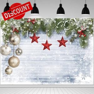 LTDKAEN 8×6Ft Christmas Wood Holly Photography Backdrop Christmas Balls Red Stars Photo Backdrop Decoration Snowflake Xmas White Wood Background