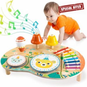 Fullware Kids Drum Kit for 1 2 3 4 Year Old Musical Instruments Wooden Montessori Toys Set with Xylophone Maraca Percussion Baby Sensory Toys for Girl Boy Toddler Birthday Gif