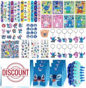 Stitch Party Bag Fillers for Kids 134 pcs Stitch Themed Birthday Party Supplies Include 12 Paper Gift Bag 50 Sticker 12 Bracelet 12 Keychain 12 Tattoos Temporary 12 DIY Sticker Perfect for Kids Party