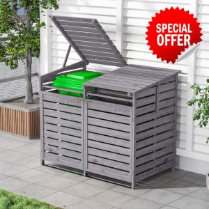 Warmiehomy Wheelie Bin Storage 2 Wheelie Bin Storage Outdoor Bin Shed 2 Bins Wooden Wheelie Bin Hideaways Double Garden Large Bin Store 141cm x 86cm x 122cm