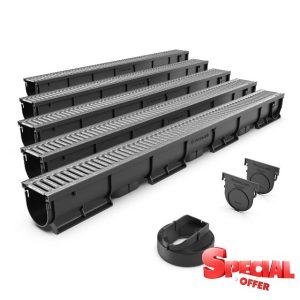 Vodaland EASY 1 Slim Plastic channel drain kit with galvanised steel grating - load class A15 (5 Pack)