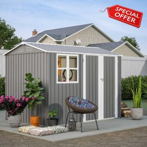 BIRCHTREE Garden Shed Steel Apex Roof House Outdoor Backyard Storage With Lockable Double Doors Window Free Foundation Tool Equipment Organizer Air Vents 8x6FT Grey
