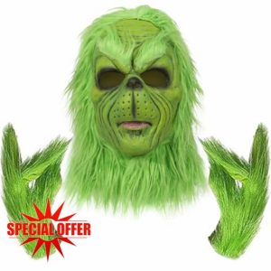 SINSEN Christmas Giant Green Monster Mask with Furry Gloves Full Head Latex Mask Christmas Plush Gloves Christmas Halloween Carnival Cosplay Costume Props for Adults Kids