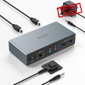 Unitek KVM Switch 2 Monitors 2 Computers 4K@60Hz HDMI+Displayport Dual Monitor KVM Switches 3 USB Ports for Sharing Keyboard Mouse Hard Drives Mic Headset Ports 2 USB-B Cable DC 5V Adapter Controlle