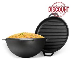 BRIZOLL 10L Cast Iron Asian Kazan Cauldron Dutch Oven with Grill Pan Lid | Multi-Functional Cookware for Grilling
