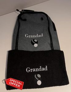 Personalised Embroidered Crown Green Bowls Bag and Towel Set. Grey Bag & Black Towel Christmas Birthday Present Gif