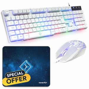 Combrite Raptor White Gaming Keyboard And Mouse Set With Large Mouse Pad