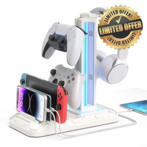 KDD Headphone Stand with Phone Holder - Detachable Controller Holder with 9 Light Modes & USB Charging Ports