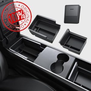 BASENOR Newest 3PCS Tesla Model Y Center Console Organizer [Carbon Fiber Edition] Armrest Hidden Storage Box