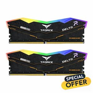 TEAMGROUP T-Force Delta TUF Gaming Alliance RGB DDR5 Ram 32GB (2x16GB) 6400MHz PC5-51200 CL40 Intel XMP 3.0 & AMD Expo Compatible Desktop Memory Module Ram Black FF5D532G6400HC40BDC01