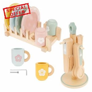Wooden Kitchen Toys Kid Wooden Dinnerware Toy Set Wood Kids Kitchen Playset Funny Toddler Kitchen Toy Children Kitchen Cutlery and Plate Toy Set for 3-5 Years Old