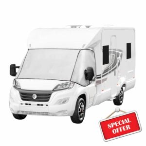 Motorhome Windscreen Cover External Thermal Screen Wrap All Year Use Campervan Front Window Sun Blind Cover Zip Turn Down Silver Waterproof Aluminium Film & Sponge Removable Storage Pockets Carry Bag