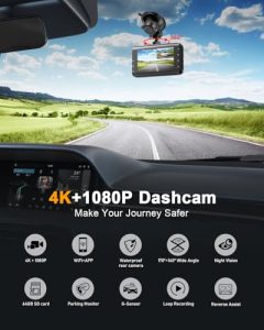 4K+1080P Dual Dash Camera for Cars with 64GB SD Card