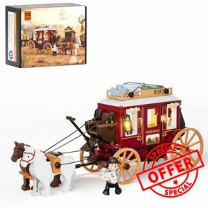 Funwhole Western Stagecoach Lighting Building-Bricks Set - Old West Carriage and Horse 293 Pcs Collection Display Set for West Lovers