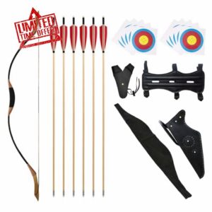 Fiita 57" Traditional Bow and Arrow Set Adult Handmade Recurve Bow Longbow of 30/40/50lbs Archery Hunting Horse Bow Left Right Handed Leather Quiver Archery Gloves 6 Wooden Arrows