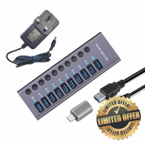 Balabaxer 10 Port Aluminum USB 3.0 hub with 10 Port USB Data Transfer