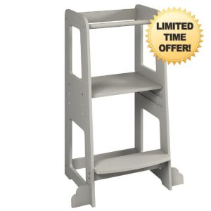 URBNLIVING 90cm Tall Grey Wooden Kitchen Step Kids Toddler Baby Learning Tower for Counter Bathroom Sink Anti-Slip Stool Protection Helper with Safety Protective Rail Durable & Lightweigh