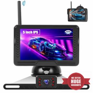 CAMECHO Wireless Reversing Camera Kit HD Reverse Camera 5" IPS Monitor 6-LED Light IP69 Waterproof License Plate Parking Camera for Car Van Caravan RV SUV Pickup Truck Motorhome Rear View Camera
