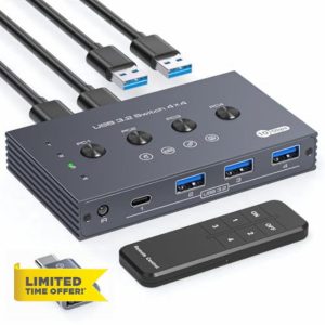 TJCXELE 10Gbps USB Switch 4 Computer share 4 USB 3.2 Port USB 3.2 Switcher Selector 4 In 4 Out Video Transfer and PD Charging Not Supported with Remote Control and 4 USB A-A Cables