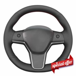 MEWANT Hand Stitch Steering Wheel Cover for Tesla Model Y 2020-2023 Model 3 2017-2023 Made of Black Artificial Leathe