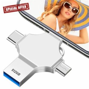 Tioreint USB Memory Stick 512gb 4 in 1 USB 3.0 Flash Drive Metal Photo Stick Large Capacity USB Drive Mini USB Stick External Storage for Smartphone/Computer/Android/PC/Tablets