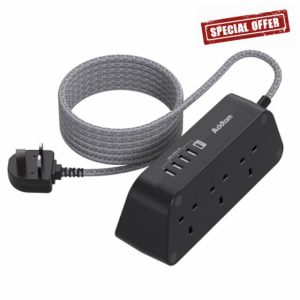 Black Extension Lead with USB Slots,6 Way Outlets 5 USB(5A