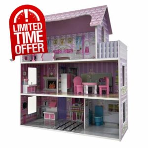Oypla Childrens Kids Wooden Dolls House Playset with 9pcs Furniture and Accessories
