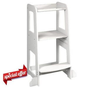 URBNLIVING 90cm Tall White Wooden Kitchen Step Kids Toddler Baby Learning Tower for Counter Bathroom Sink Anti-Slip Stool Protection Helper with Safety Protective Rail Durable & Lightweigh