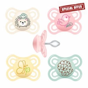 MAM Perfect Silicone Dummy 0-6 Uni Mix // Set of 4 Including Transport Sterilising Box // Dento-Flex for Healthy Mouth Development