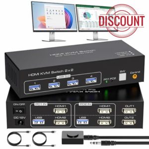 VPFET HDMI KVM Switch 2 Monitors 2 Computers 4K60Hz KVM Switches Dual Monitor 2 Port KVM with 4 USB 3.0 Support Copy and Extend Mode Including Desktop Control 12V DC Adapte