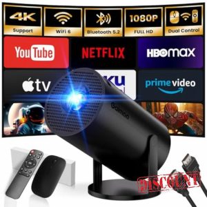 2025 Mini Projector 1080P FHD 4K Support Projector with Mouse Portable Projector with WiFi and Bluetooth 180° Adjustable Auto Keystone HDMI/TV Stick/USB/PS5/Laptop