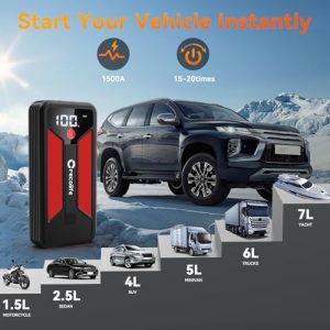 1500A Portable Car Jump Starter Power Bank for 12V Vehicles Up to 7.0L Petrol & 5.0L Diesel Engines