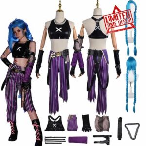 Daotutu Anime Jinx Arcane Season 2 Cosplay Costume Outfits with Wig Uniform Adult Vest Pants Gloves Hand Sleeve Waist Belt Full Set Halloween Carnival Fancy Dress Up Suit for Women Unisex