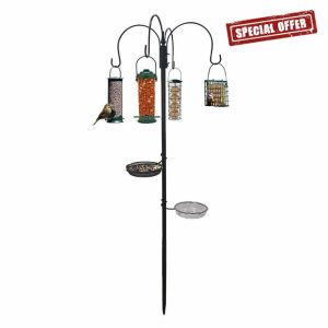 Crystals Bird Feeders Hanging Station - Bird Feeding Pole with 4 Bird Feeders & 2 Trays - Metal Bird Feeders for Small Birds - Free Standing Garden Bird Feeders