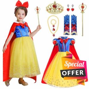 Princess Snow White Costume Kids Girls Snow White Dress With Crown Wand Gloves Red Cape White Snow Princess Dress Up Halloween Birthday Christmas Party Cosplay Fancy Dress Outfits