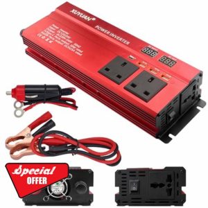 Power Inverter 2000W DC 12V/24V to 220V 240V AC Car Converter with 3 UK Sockets 3 USB and 1 Type-C Port Car Adapter With LCD Display 12V/24V Interchangeable Power Inverter for Van Travel Camping Ca