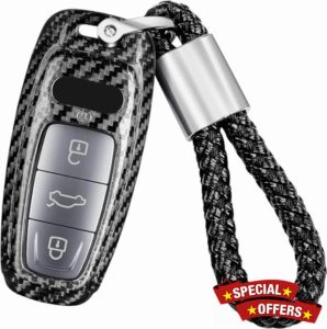 Real Glass Fiber Key Fob Cover Compatible with Audi with Keychain Lanyard