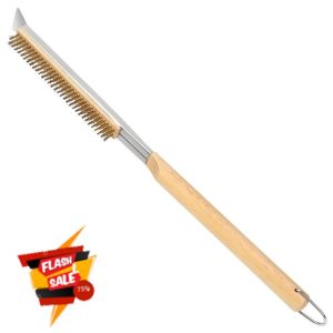 21'' Pizza Oven Brush with Stainless Steel Stone Scraper - Brass Bristles - Wood Handle - Hanging Ring - Outdoor Pizza Oven Accessories - Compatible with Ooni