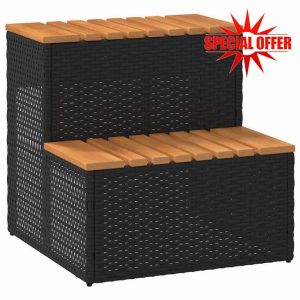 idaXL Hot Tub Step - Black PE Rattan/Acacia Wood - 50cm Adjustable Spa Ladder for Outdoor