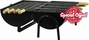 Portable Barbecue Barrel Charcoal BBQ 2 Independent Cooking Areas Grill with Wooden Handles Outdoor Patio Garden Heating Smoker Beach Picnic Camping Barbeque Black