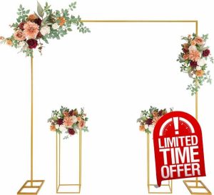MYOYAY Wedding Arch Backdrop Stand Square 7.2 x 7.2 FT Wedding Arches for Ceremony Metal Balloon Arch Frame with Flower Stand for Wedding Birthday Party Baby Shower Garden Arbor Anniversary Event Deco