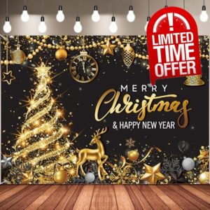 Tiamon Merry Christmas Party Backdrop Christmas Black Gold Banner Background Xmas Tree New Years Eve Photography Background for Christmas New Years Eve Party Decoration Supplies (83.9 x 59.8 Inch)