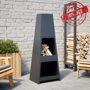 qohoio Outdoor Fireplace with Log Store Tower Design Black Steel-Metal Chiminea Fire Pit Chimney Tall Steel Outdoor Log