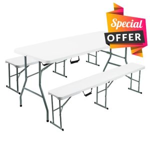 Crystals 6FT Folding Table and Bench Set - One White Folding Table with Two 6FT Folding Benches