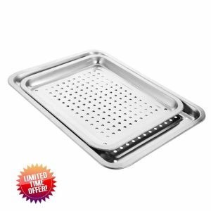 2pcs Catering Food Tray Baking Pans Grilling Baskets with Holes Steam Trays for Cooking Perforated Food Trays Draining Pans BBQ Storage Plate Seafood Storage Tray Stainless Steel Miliste
