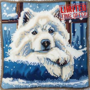 ORLUMY Samoyed Dog Animal Latch Hook Kits Dog by The Window DIY Latch Hook Kits Yarn Kits Pillow Rug Pattern Arts and Crafts Crochet Needlework 43x43cm