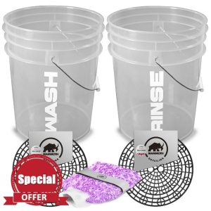 Detailing Car Wash Bucket Set With Wash Guards for Scratch Free Car Cleaning. Includes Microfibre Washmitt. (Clear)