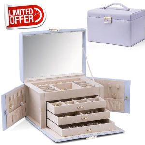 Vlando Large Jewellery Box for Women Lockable Jewellery Boxes with 3 Drawers Jewelry Storage Earrings