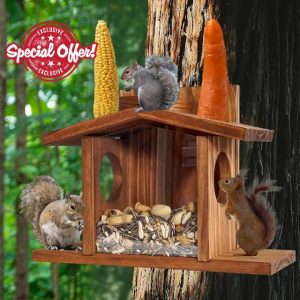 Wooden Squirrel Feeder Squirrel Picnic Table Feeder Squirrel Feeding Station Feeder House Wooden Chipmunk Feeder for Outside Corn Cob Peanut Holder 13x5x9.3 inch